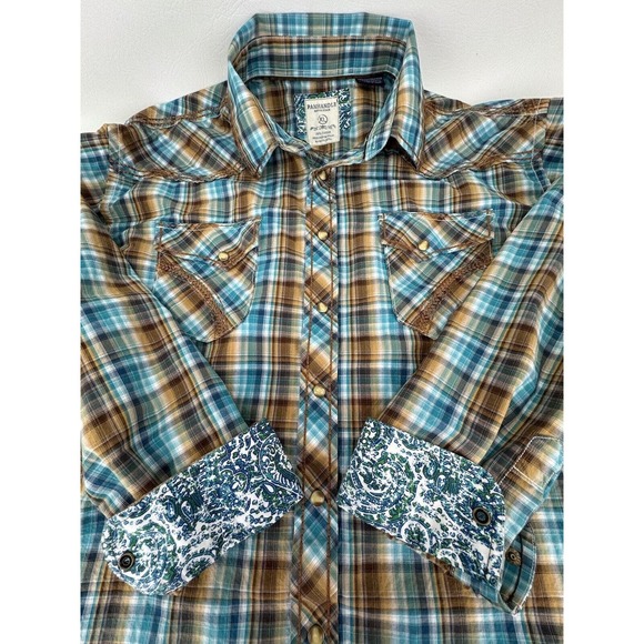 Panhandle Slim Other - Panhandle Rough Stock XL Blue/Brown Plaid With Paisley Cuff Pearl Snap Shirt